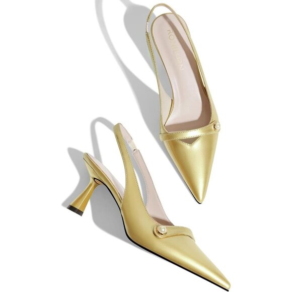 🆕Women Gold Faux Leather Kitten Heels Slingback Pearl Pumps Dress - Picture 5 of 7